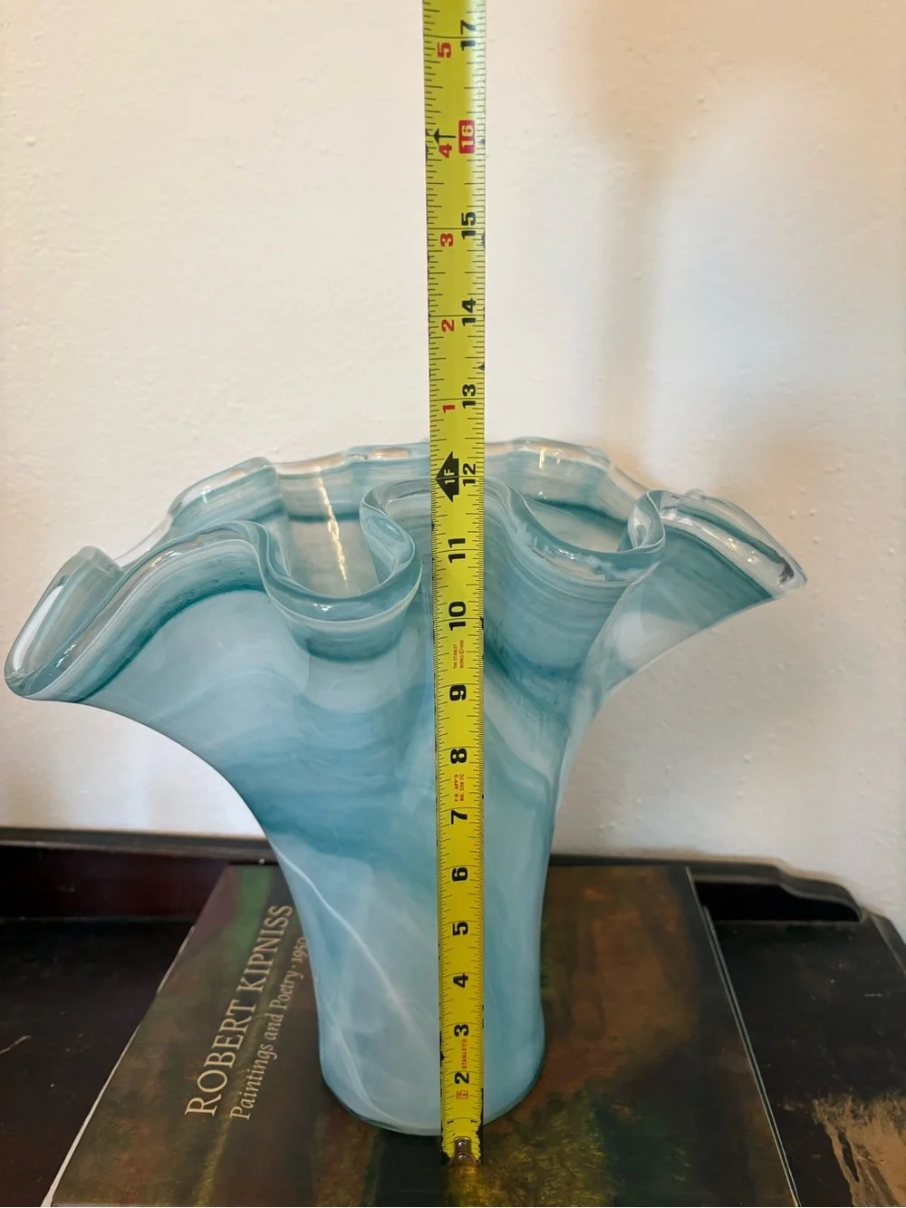 Murano Italy || Large Art Glass Vase Fan Ruffle Light Blue Aqua White 12” Tall